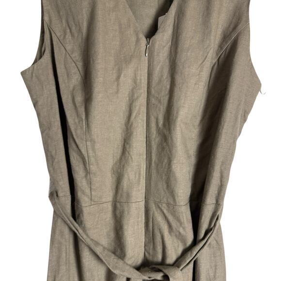 Tahari Olive Green Linen Blend Sleeveless V-Neck Belted Tie Waist Jumpsuit 4 - Picture 4 of 9